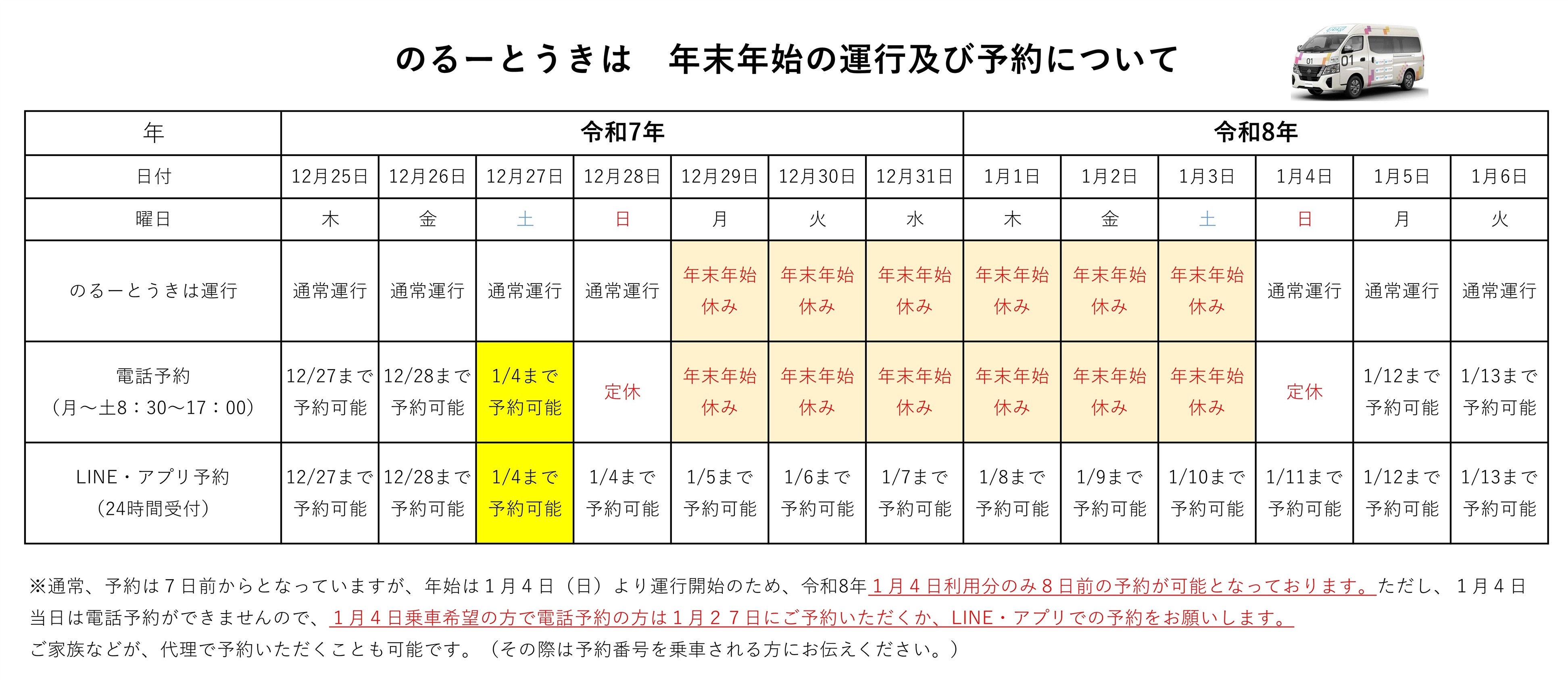 のるーとうきは年末年始の運行について